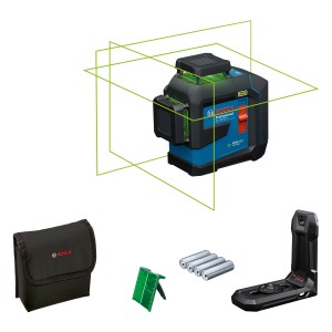 Bosch Professional GLL 80-33 G Linienlaser mit Zubehör wie Halterung, Batterien und Tasche.