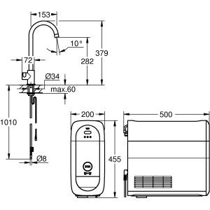 Technische Zeichnung Grohe Blue Home Mono Starter Kit: Einhebelmischer, Kühler mit Maßen.