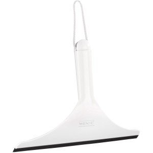 Wenko Badezimmerwischer Filo, weiß mit schwarzer Gummilippe und Aufhängekordel.