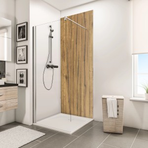 Schulte Duschrückwand Decodesign Holz Schwarzwaldeiche hell, 210x100 cm im Badezimmer.