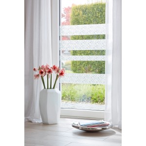 d-c-fix Static Windows Stripes Sunrise, 45x200cm, auf Fenster mit Blumen im Vordergrund.