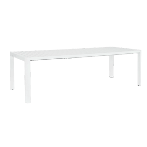 Weißer Ausziehtisch KIPLIN für den Garten, mit Aluminiumgestell und wetterfesten Eigenschaften.