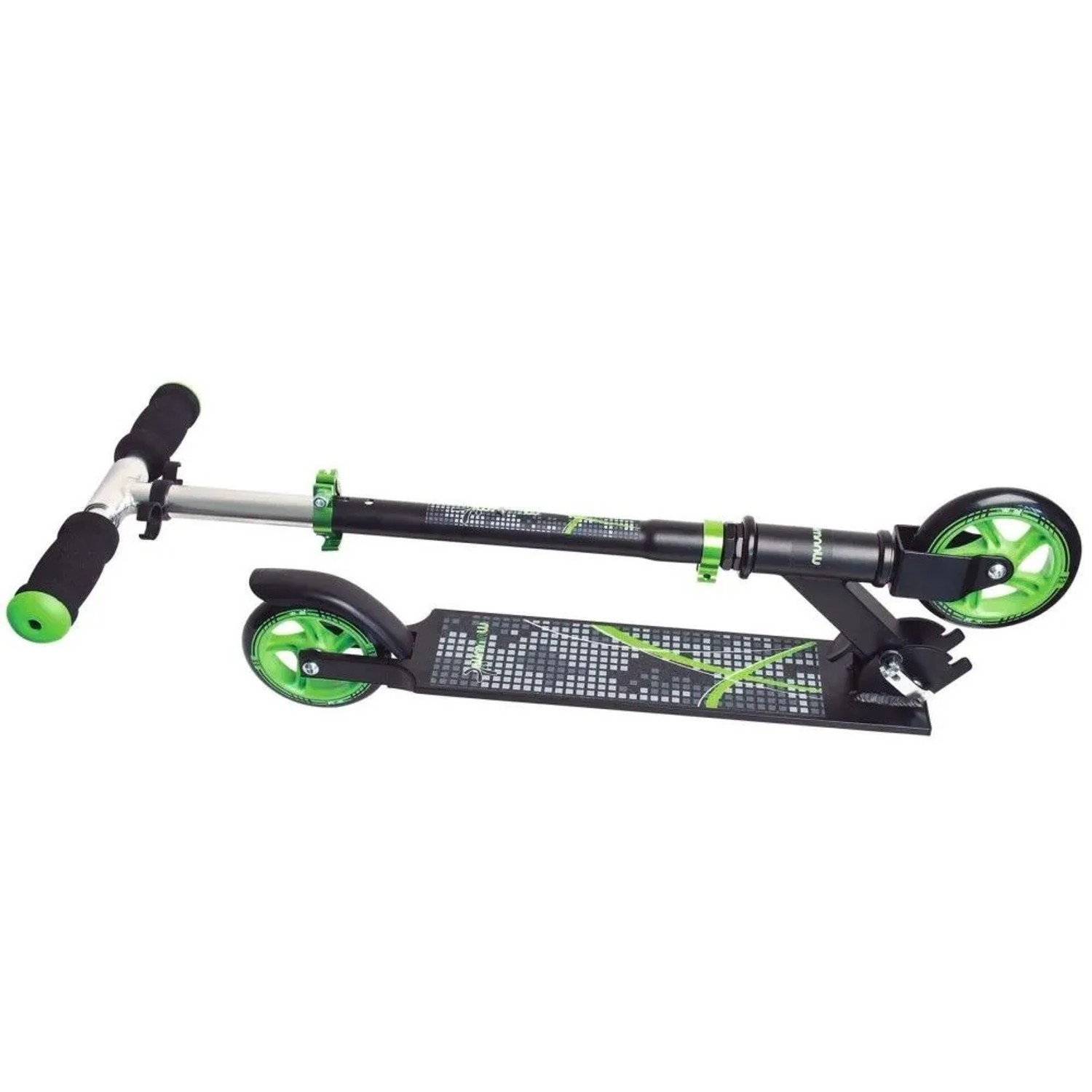 Muuwmi Aluminium Scooter Tretroller schwarz-grün mit 125mm Rollen, höhenverstellbarem Lenker und Klappmechanismus.
