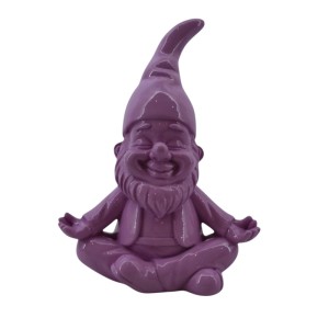 Lila Deko-Zwerg in Yoga-Pose, 15 cm, als Gartendekoration. Detailreiche Figur mit spitzer Mütze.
