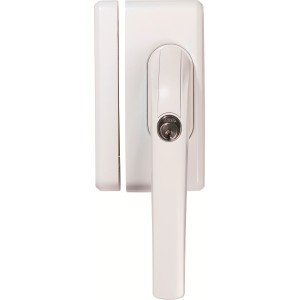Weißer Abus Fenstergriff FO400 mit Schlüssel, geeignet als Kindersicherung.