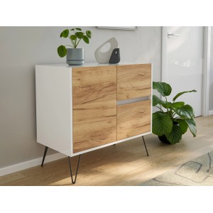 Posseik Sideboard Industrial C, weiß/Eiche, 80 cm breit, mit 2 Schubladen und 1 Tür.