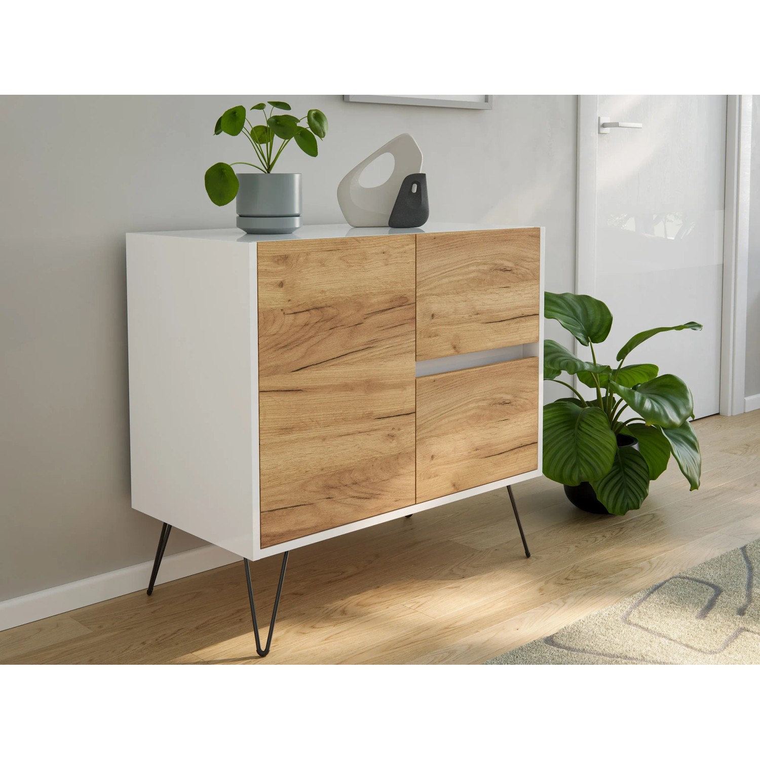 Posseik Sideboard Industrial C 2 Schubladen 1 Tür 80 cm Weiß Eiche Front kaufen bei OBI
