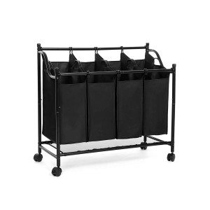 Schwarzer Songmics Wäschesortierer mit 4 Fächern und Rollen, ideal für die Wäscheorganisation.