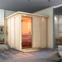 Karibu Sauna Rikka mit Ofen und LED-Dachkranz aus naturbelassener Fichte.