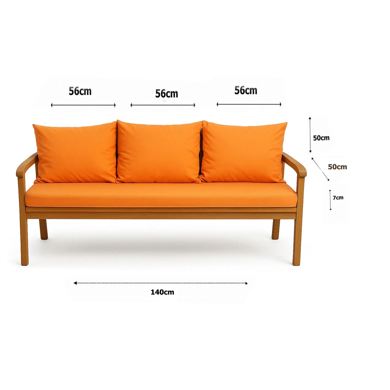 Orangefarbenes Bankkissen-Set für 3-Sitzer Gartenbank, 140x50 cm + 2 Rückenkissen.