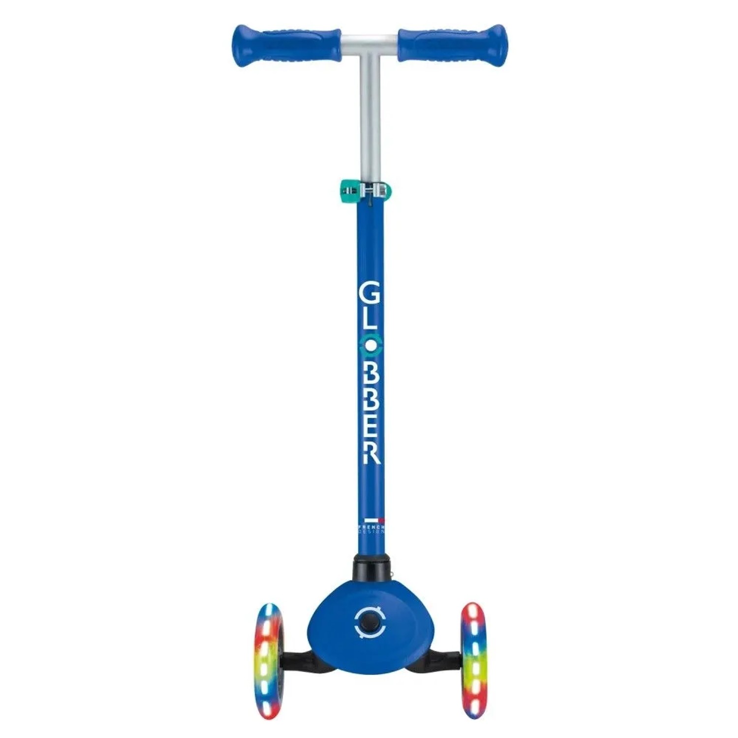 Dunkelblauer Globber Primo Lights Kindertretroller mit 3 Rädern und bunten LED-Leuchtrollen. Höhenverstellbar.