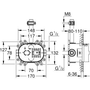 Technische Zeichnung des Grohe Rohbausets 360 für Rainshower Kopfbrause-Set mit Maßangaben.