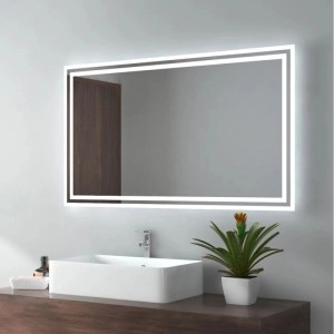 Rechteckiger Emke LED Badspiegel 100x60 cm mit beleuchtetem Rand über Waschbecken. Mit Anti-Beschlag und zwei Lichtfarben.