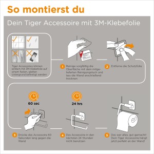 Montageanleitung für Tiger Tune Toilettenpapierhalter mit 3M-Klebefolie.