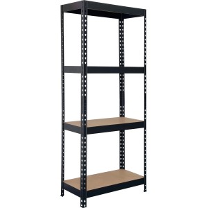 Schwarzes Schwerlastregal mit vier Böden aus Holz, ideal für Werkstatt und Keller.