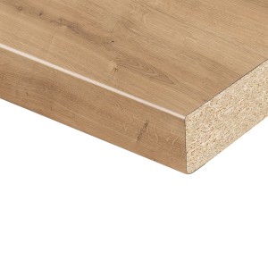 Kaindl Arbeitsplatte Chalet Eiche, 38mm stark, mit abgerundeter Kante. Detailansicht der Küchenarbeitsplatte.