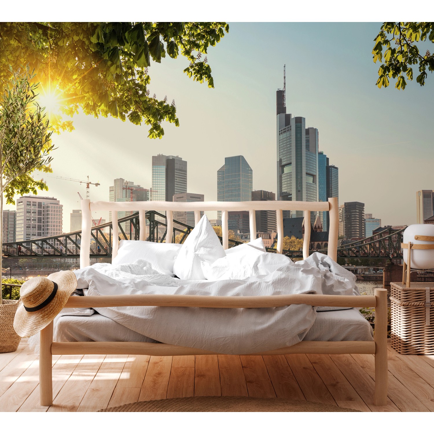 Fototapete Frankfurt Skyline mit Brücke in Blau, Braun und Grau, angebracht in einem Schlafzimmer.