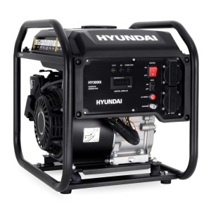 Schwarzer HYUNDAI Inverter-Generator HY3000i mit 3.0 kW Leistung, robustem Rahmen und Bedienfeld. Ideal als Stromerzeuger.