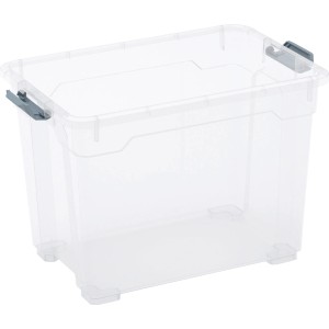 Transparente OBI Allzweckbox Cadiz S mit grauen Verschlussclips.
