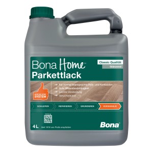 Grauer 4-Liter-Kanister Bona Home Parkettlack Classic glänzend für Holz- und Korkböden.