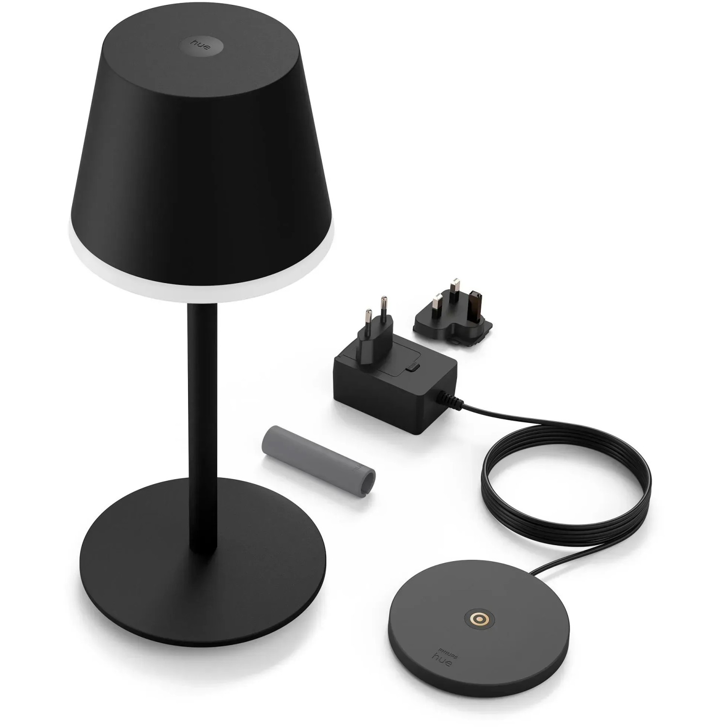Schwarze Philips Hue Go Tischleuchte mit Ladestation und Zubehör.