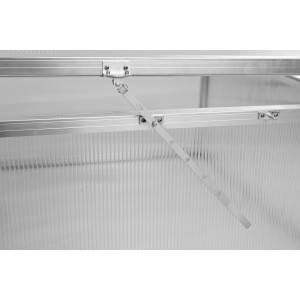 Detailaufnahme: KGT Frühbeet 210 Aluminium mit geöffneter Klappe und Handaufsteller.