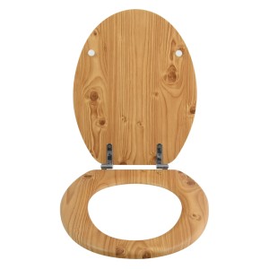 MSV WC-Sitz im Kiefer-Design, brauner Toilettendeckel aus MDF mit Edelstahl-Scharnieren.