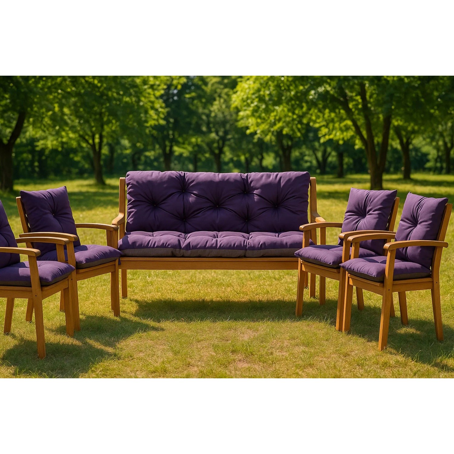 Violettes Setgarden Outdoor Bankkissen 120x60x60cm für 2-Sitzer Bänke, auf Holzbank im grünen Garten.