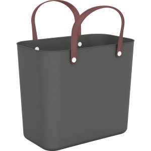 Rotho Multibag Style Albula 25L in Anthrazit, eine praktische Aufbewahrungsbox / Einkaufstasche mit braunen Henkeln.