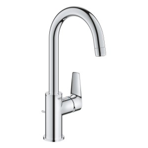 Glänzende Grohe QuickFix Waschtischarmatur Start Edge L mit Zugstangen-Ablaufgarnitur.