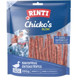 Rinti Chicko Slim Entenstripes, 250g: Hunde-Snacks aus 100% Entenfilet, schlank und knusprig.