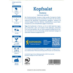 Kiepenkerl Kopfsalat Analena Saatband: Verpackung mit Infos zu Aussaat, Ernte und Eigenschaften.
