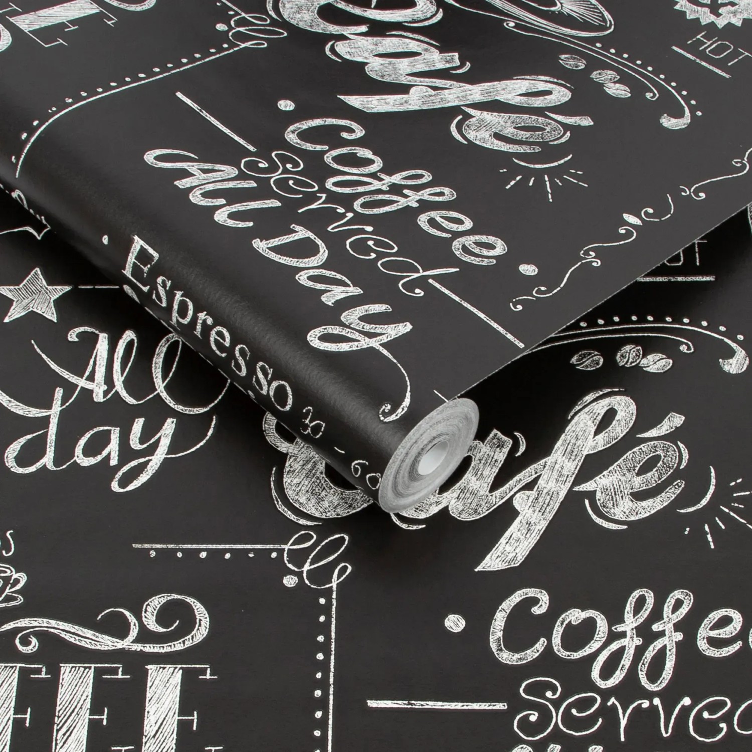 Superfresco Easy Vliestapete Coffee Shop mit Kreide-Optik auf schwarzem Grund.