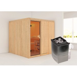 Karibu Sauna Rikka mit Ofen, naturbelassene Massivholzsauna mit integrierter Steuerung.