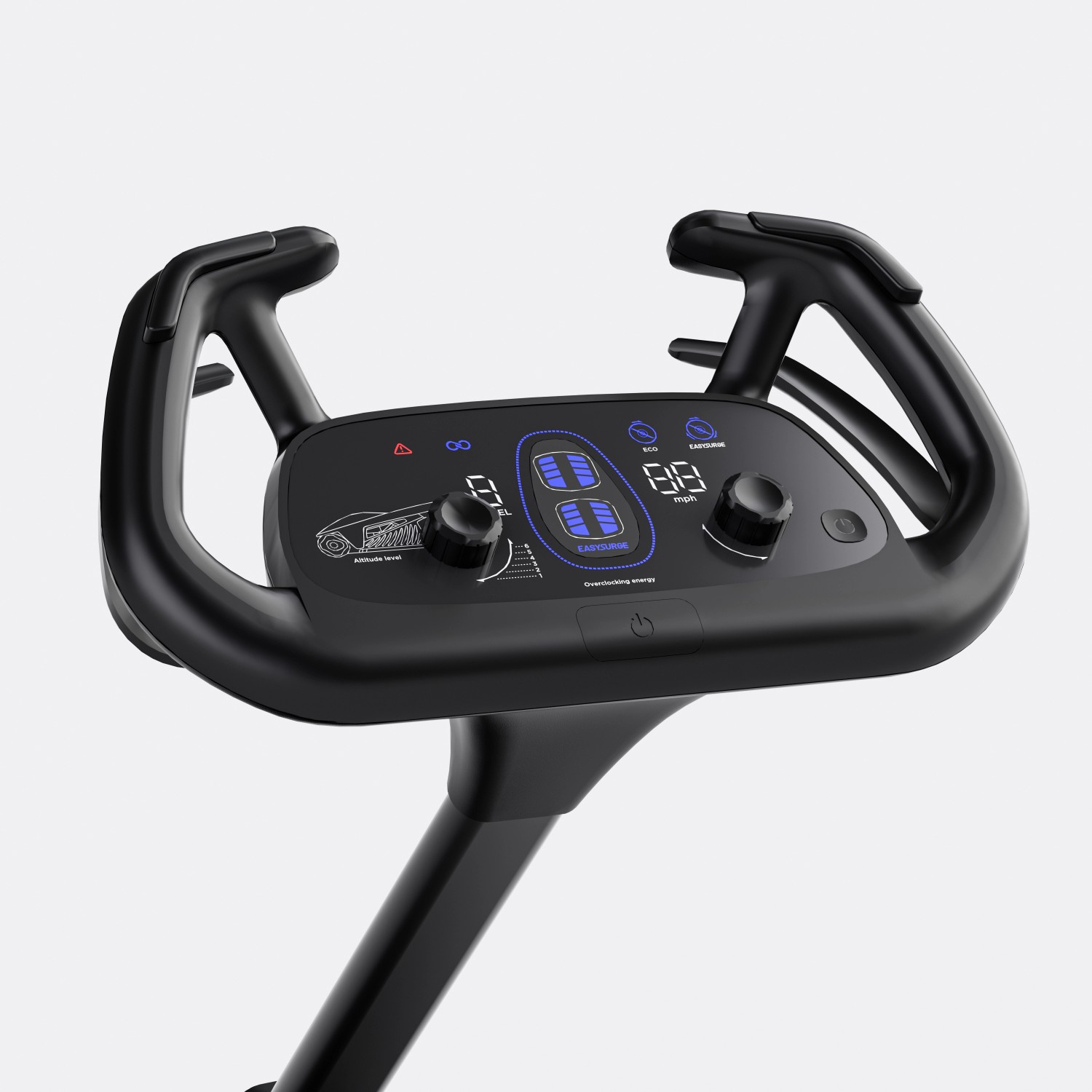 Detailaufnahme des Bedienelements vom Litheli Akku-Rasenmäher EasySurge mit digitalem Display.