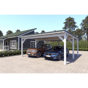 Doppelcarport Ralf, reinweißes Leimholz, dornengrünes Blechdach, 600x600 cm, mit zwei parkenden Autos.