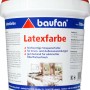 Baufan Latexfarbe, 750ml, für Innen- und Außenbereich. Strapazierfähige, matte Farbe im weißen Eimer mit rotem Deckel.