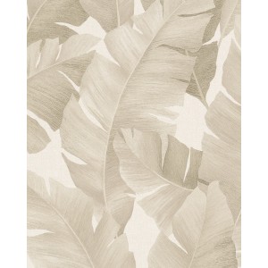 Beige Vliestapete Avalon Floral von Marburg mit Bananenblatt-Motiv für Wohnräume.