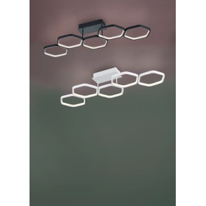 Moderne Reality LED-Deckenleuchte Vigo in Anthrazit und Weiß mit fünf verbundenen Ringen.