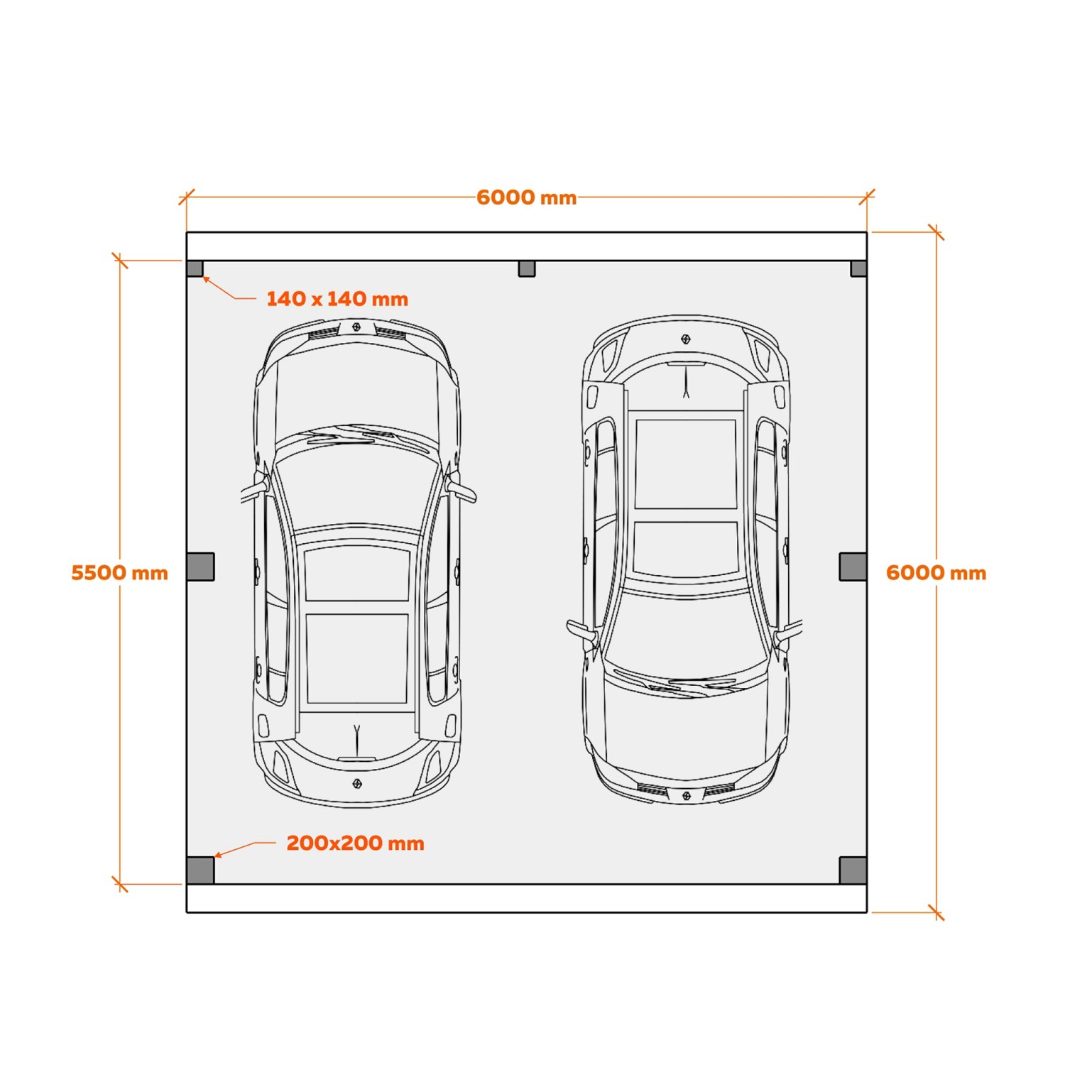Draufsicht: Holzbrüder Carport Ralf 36, Abmessungen und Stellplätze für zwei Autos.