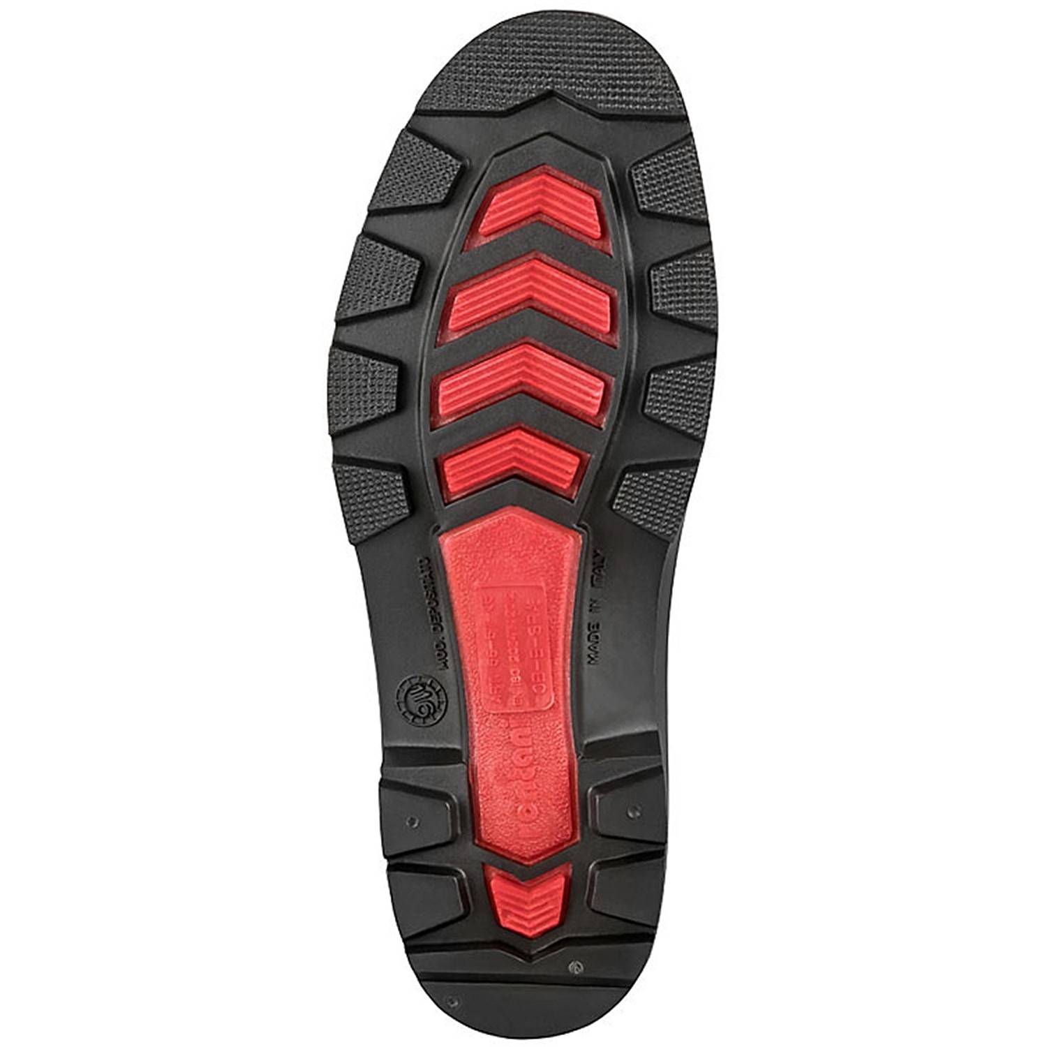 Sohle des olivgrünen Bullstar Arbeitsstiefels Winner Gr. 45 mit rotem Profil.