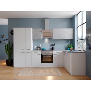 Respekta Winkelküche in Weiß und Beton-Optik mit E-Geräten und viel Stauraum.