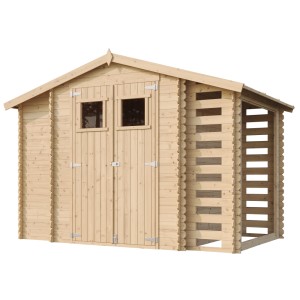 Timbela Gartenhaus Holz mit Schuppen und Brennholzregal, 5,47 m², unbehandelt.