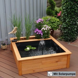 Promadino Hochteich mit Solarpumpe und Pflanzzone, aus Kiefernholz, mit Seerose und Springbrunnen.