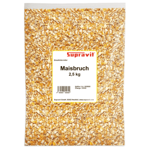 Supravit Maisbruch 2,5 kg Hühnerfutter. Gelber, gehackter Mais in transparenter Verpackung für Geflügel.