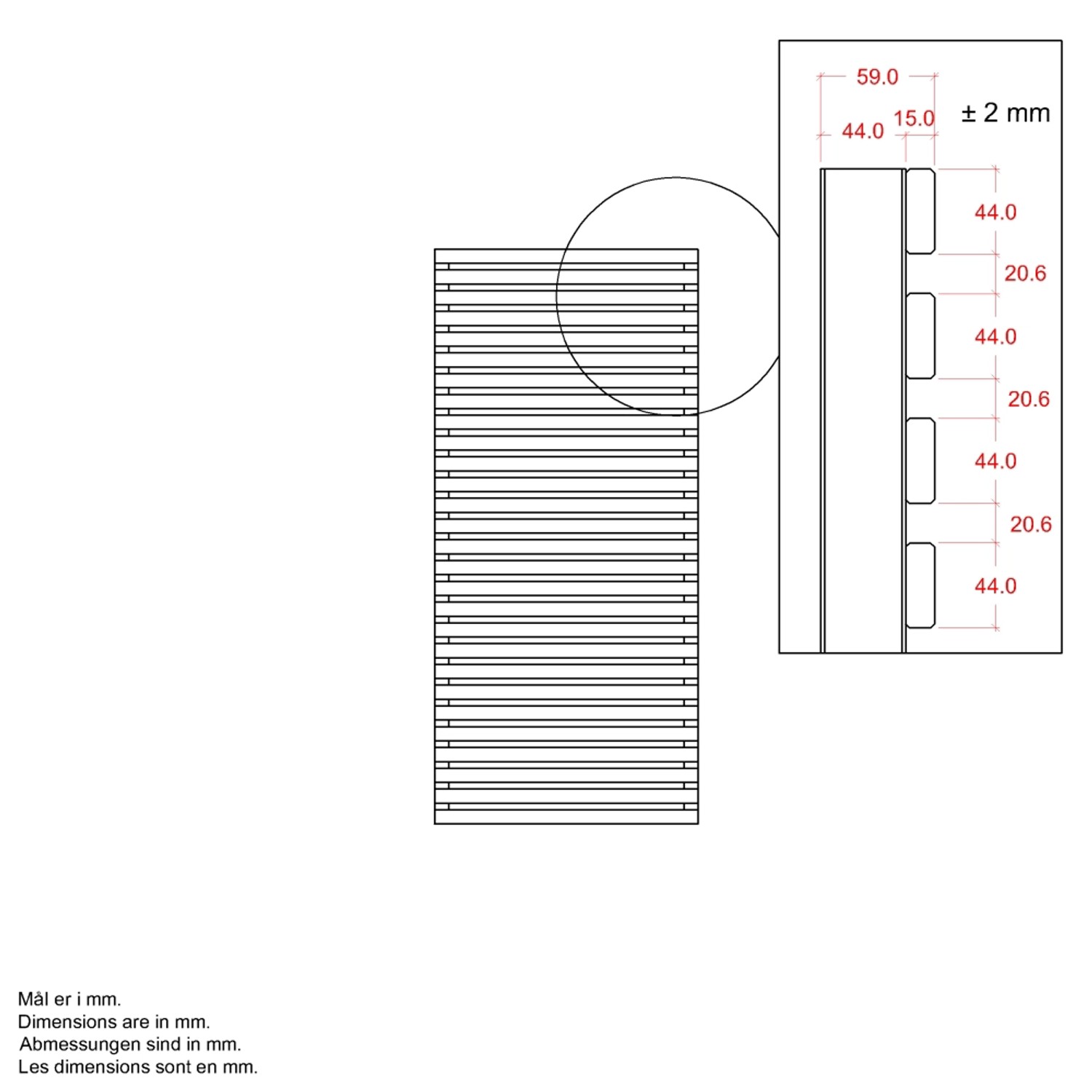 Technische Zeichnung: Sichtschutzzaun Tokyo, Nadelholz, umbragrau, 83x180cm, Detailansicht mit Maßen.