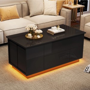 Merax Couchtisch Höhenverstellbar mit LED 2 Schubladen 2 Hocker Stauraum Schwarz