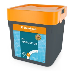 Steinbach PH-Stabilisator 5 kg im grauen Behälter mit orangem Deckel für Dosierschwimmer & Dosierhilfen.