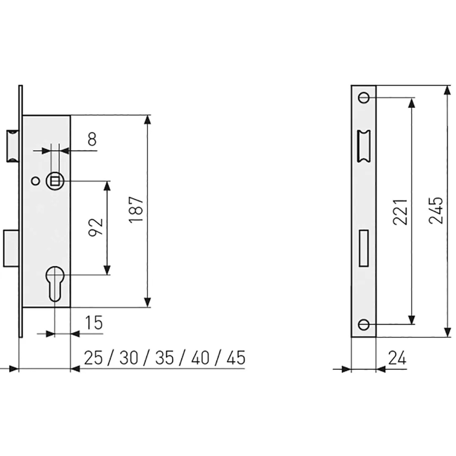 Technische Zeichnung: Abus Rohrrahmentür-Einsteckschloss, Dornmaß 25mm, Maße und Details.