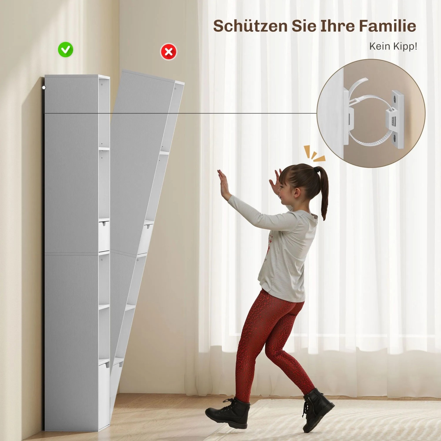 HOMCOM Bücherregal: Sicherheit durch Anti-Kipp-Set. Kind vor kippendem Regal, daneben sicher befestigtes weißes Regal.